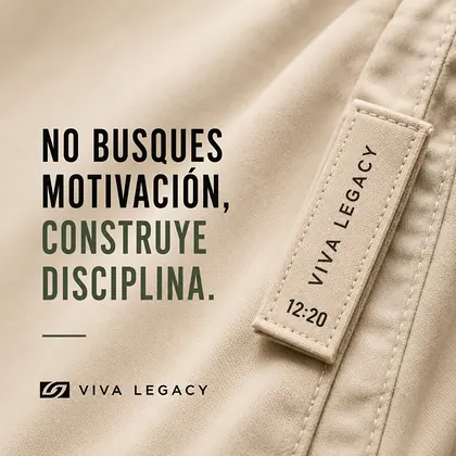 Etiqueta tejida VIVA LEGACY 12:20 sobre prenda color arena
