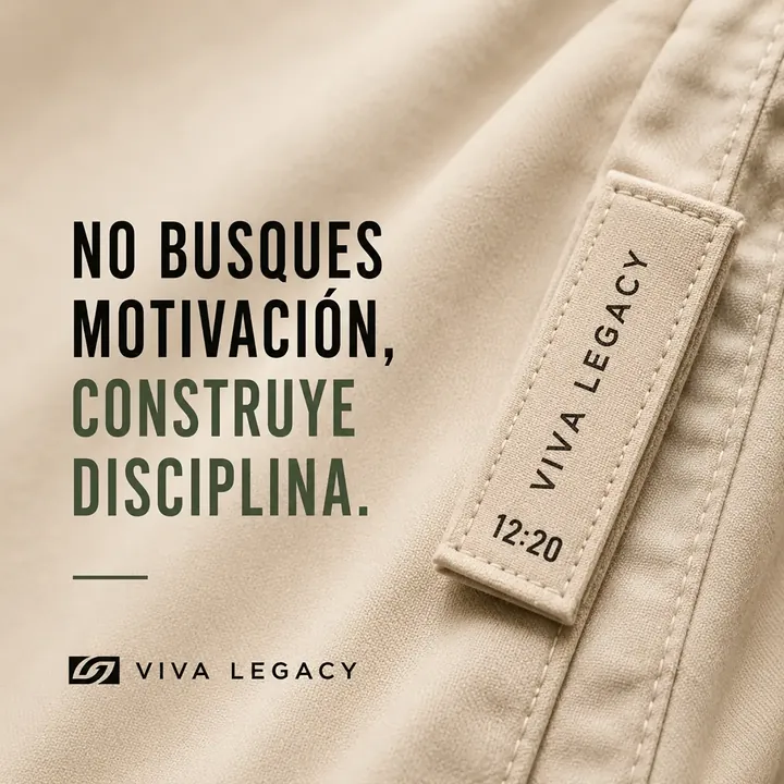 Etiqueta tejida VIVA LEGACY 12:20 sobre prenda color arena